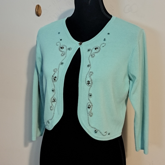Cozy Aqua Cardigan by Madison Leigh Petite Size 10.. Detailed Embellishments - Picture 2 of 8